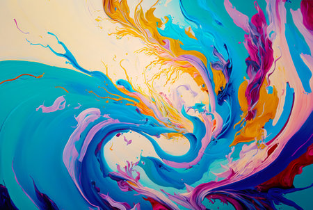 Abstract gouache paint swirls and splashes on canvas. Colorful background. Generative AI.の素材
