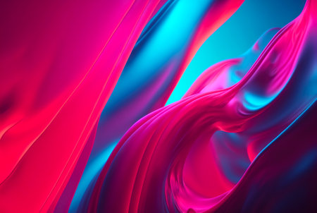 Abstract fluid color background. Layered paint swirls and twists. Blue and viva magenta wallpaper. Generative AI.の素材