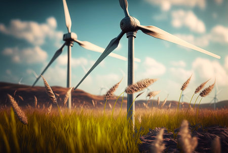 Landscape with windmills. Renewable electricity technology. Generative AI.の素材