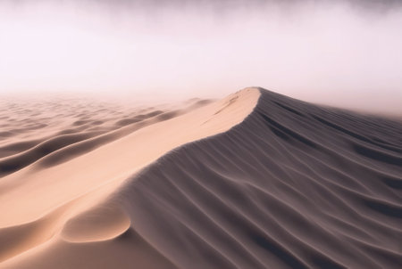 Desert sand landscape. Atmospheric scenic imaginary view. Clouds and sandstorm. Generative AI.の素材