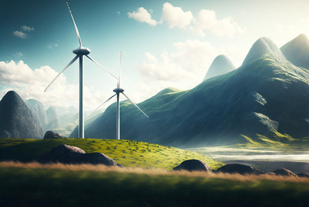 Landscape with windmills. Renewable electricity technology. Generative AI.の素材