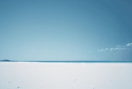 Empty white beach with a bright blue sky. Idyllic tropical seascape. Paradise beach. Generative AI.の素材