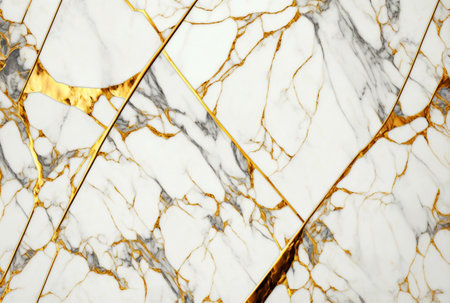 White marble with golden veins background. Generative AI.の素材