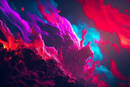 Abstract fluid color background. Layered paint swirls and twists. Blue and viva magenta wallpaper. Generative AI.の素材