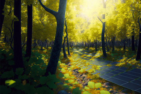 Solar panels row in a forest. Futuristic solar energy generation concept. Generative AI.の素材