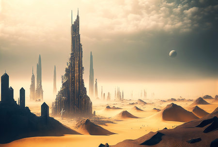 Futuristic cyberpunk city in desert dunes. Postapocalyptic megapolis in sand dunes. Generative AIの素材