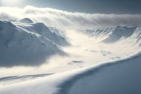 Snow dunes panorama during blizzard. White and empty frozen scenic imaginary landscape. Generative AI.の素材