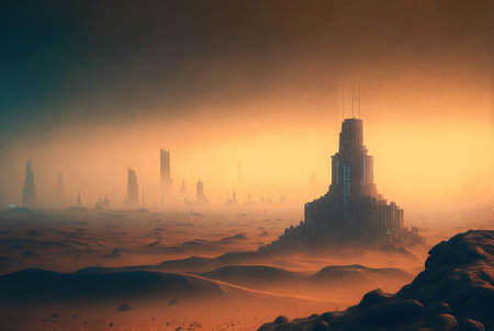 Futuristic cyberpunk city in desert dunes. Postapocalyptic megapolis in sand dunes. Generative AIの素材