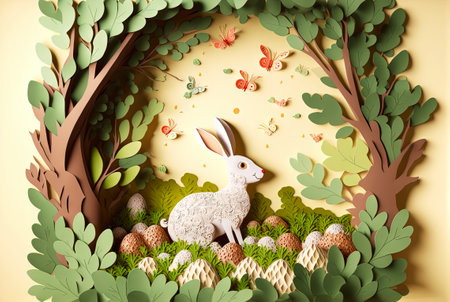 Paper cut background with rabbit and Easter eggs. Intricate details. Generative AI .の素材
