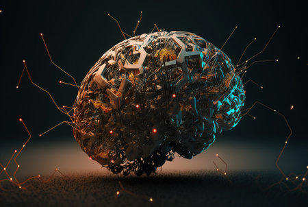 Cyber brain of Artificial Intelligence. Wires and circuit attached. Futuristic synthetic life. Generative AI.の素材
