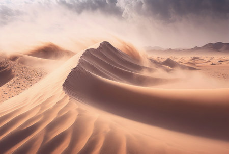 Desert sand landscape. Atmospheric scenic imaginary view. Clouds and sandstorm. Generative AI.の素材