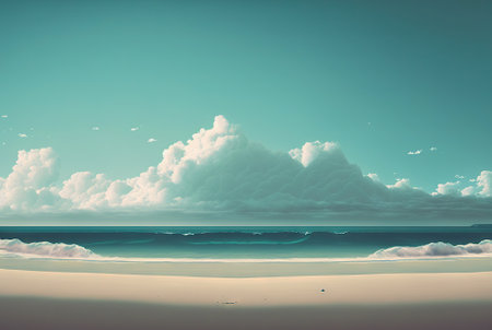 Empty white beach with a bright blue sky. Idyllic tropical seascape. Paradise beach. Generative AI.の素材