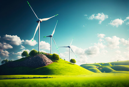 Landscape with windmills. Renewable electricity technology. Generative AI.の素材