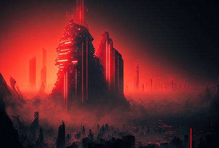 Skyline of cyberpunk red neon city at night. Giant skyscrapers emerge from fog. Generative AI.の素材