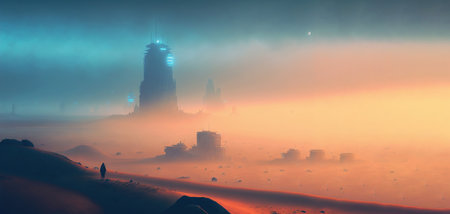 Futuristic cyberpunk city in desert dunes. Postapocalyptic megapolis in sand dunes. Generative AIの素材
