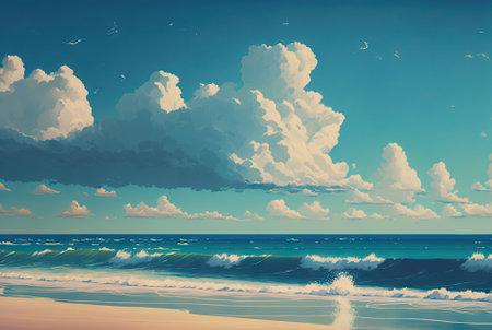 Empty white beach with a bright blue sky. Idyllic tropical seascape. Paradise beach. Generative AI.の素材