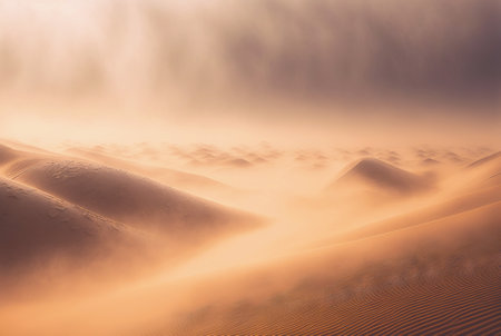 Desert sand landscape. Atmospheric scenic imaginary view. Clouds and sandstorm. Generative AI.の素材