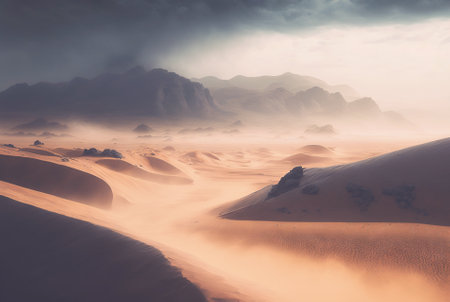 Desert sand landscape. Atmospheric scenic imaginary view. Clouds and sandstorm. Generative AI.の素材