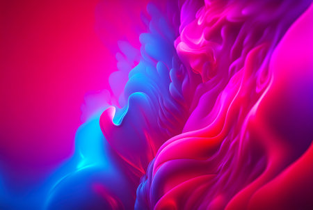 Abstract fluid color background. Layered paint swirls and twists. Blue and viva magenta wallpaper. Generative AI.の素材