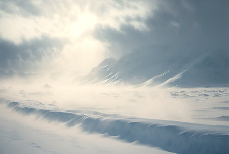 Snow dunes panorama during blizzard. White and empty frozen scenic imaginary landscape. Generative AI.の素材