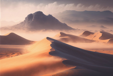 Desert sand landscape. Atmospheric scenic imaginary view. Clouds and sandstorm. Generative AI.の素材