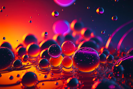 Abstract fluid color bubbles background. Oil colorful drops. Generative AI.の素材