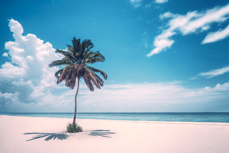 One palm on a empty white beach. Idyllic tropical seascape. Paradise beach. Generative AI.の素材