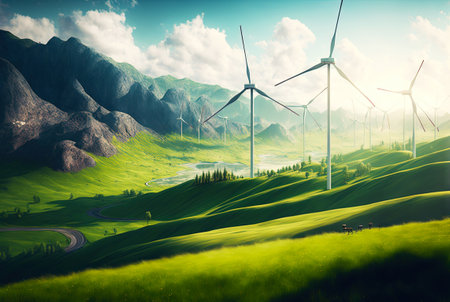 Landscape with windmills. Renewable electricity technology. Generative AI.の素材