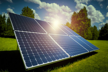 Solar panels row on a grass of green lawn. Solar energy generation. Renewable energetics. Generative AI.の素材