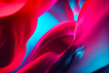Abstract fluid color background. Layered paint swirls and twists. Blue and viva magenta wallpaper. Generative AI.の素材
