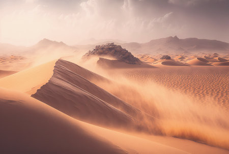 Desert sand landscape. Atmospheric scenic imaginary view. Clouds and sandstorm. Generative AI.の素材