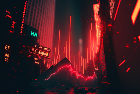 Stock market red graph. Falling stocks, bear graph. Generative AI.の素材