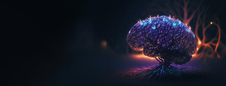 Cyber brain of Artificial Intelligence. Wires and circuit attached. Futuristic synthetic life. Generative AI.の素材