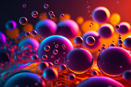 Abstract fluid color bubbles background. Oil colorful drops. Generative AI.の素材