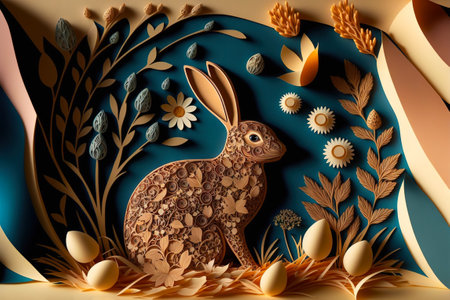 Paper cut background with rabbit and Easter eggs. Intricate details. Generative AI.の素材