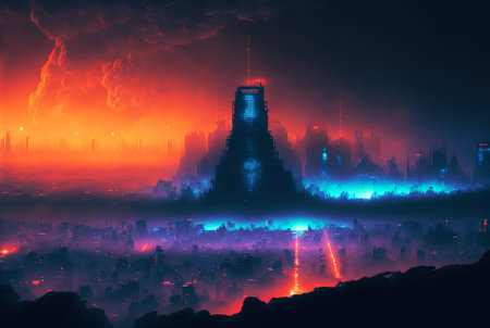 Skyline of cyberpunk neon city at night. Fog and glowing lights. Generative AI.の素材