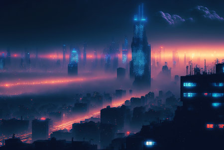 Skyline of cyberpunk neon city at night. Fog and glowing lights. Generative AI.の素材