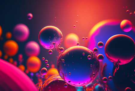Abstract fluid color bubbles background. Oil colorful drops. Generative AI.の素材
