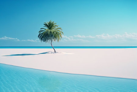 One palm on a empty white beach. Idyllic tropical seascape. Paradise beach. Generative AI.の素材