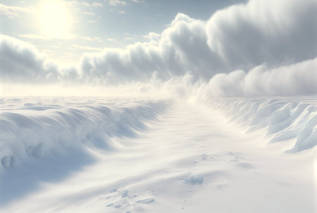 Snow dunes panorama during blizzard. White and empty frozen scenic imaginary landscape. Generative AI.の素材