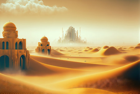 Futuristic cyberpunk city in desert dunes. Postapocalyptic megapolis in sand dunes. Generative AIの素材