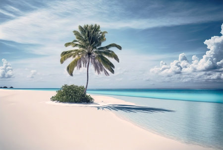 One palm on a empty white beach. Idyllic tropical seascape. Paradise beach. Generative AI.の素材