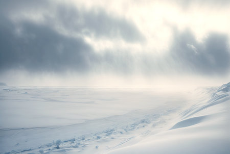 Snow dunes panorama during blizzard. White and empty frozen scenic imaginary landscape. Generative AI.の素材