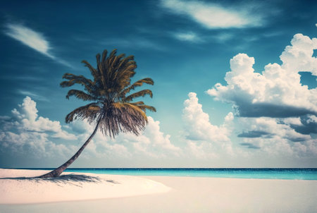 One palm on a empty white beach. Idyllic tropical seascape. Paradise beach. Generative AI.の素材