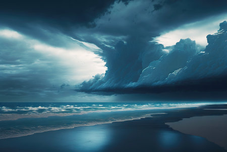 Storm over empty white beach. Idyllic tropical seascape. Paradise beach. Generative AI.の素材