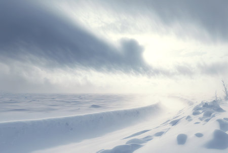 Snow dunes panorama during blizzard. White and empty frozen scenic imaginary landscape. Generative AI.の素材