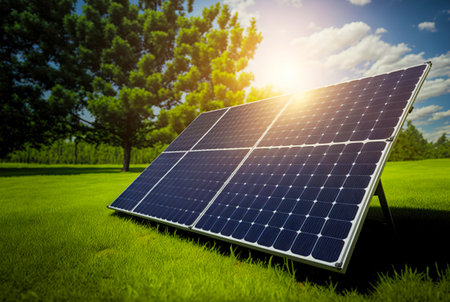 Solar panels row on a grass of green lawn. Solar energy generation. Renewable energetics. Generative AI.の素材