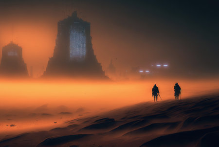 Futuristic cyberpunk city in desert dunes. Postapocalyptic megapolis in sand dunes. Generative AIの素材