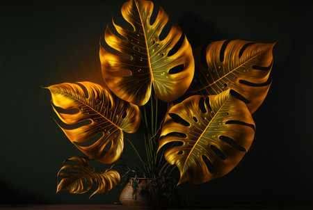 Gold monstera leaves in interior. Natural luxury backdrop. Generative AI.の素材