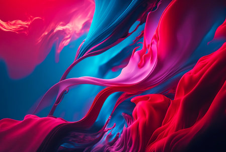 Abstract fluid color background. Layered paint swirls and twists. Blue and viva magenta wallpaper. Generative AI.の素材